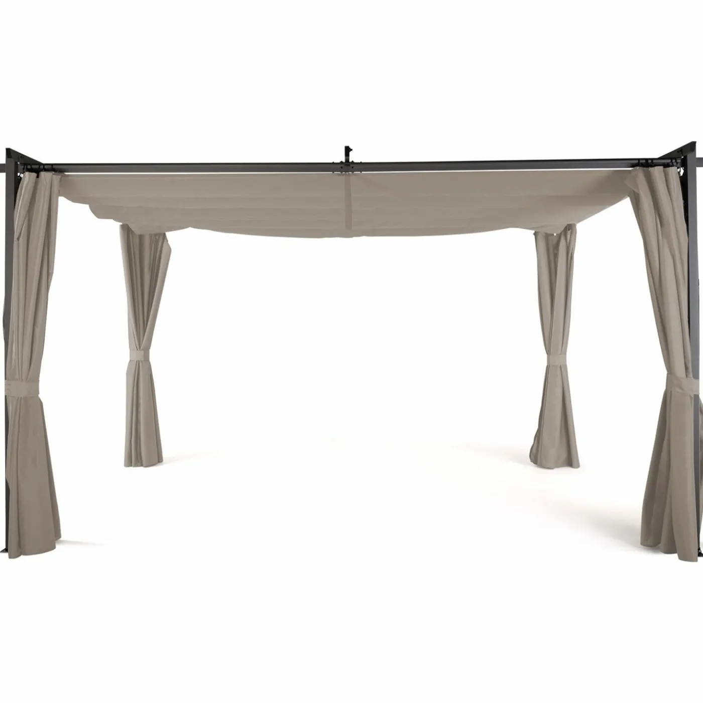 Pergola toit rétractable avec rideaux coloris taupe