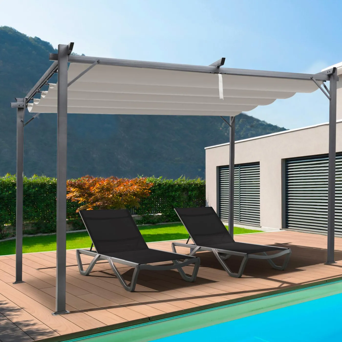 Pergola toit rétractable taupe et stores enrouleurs