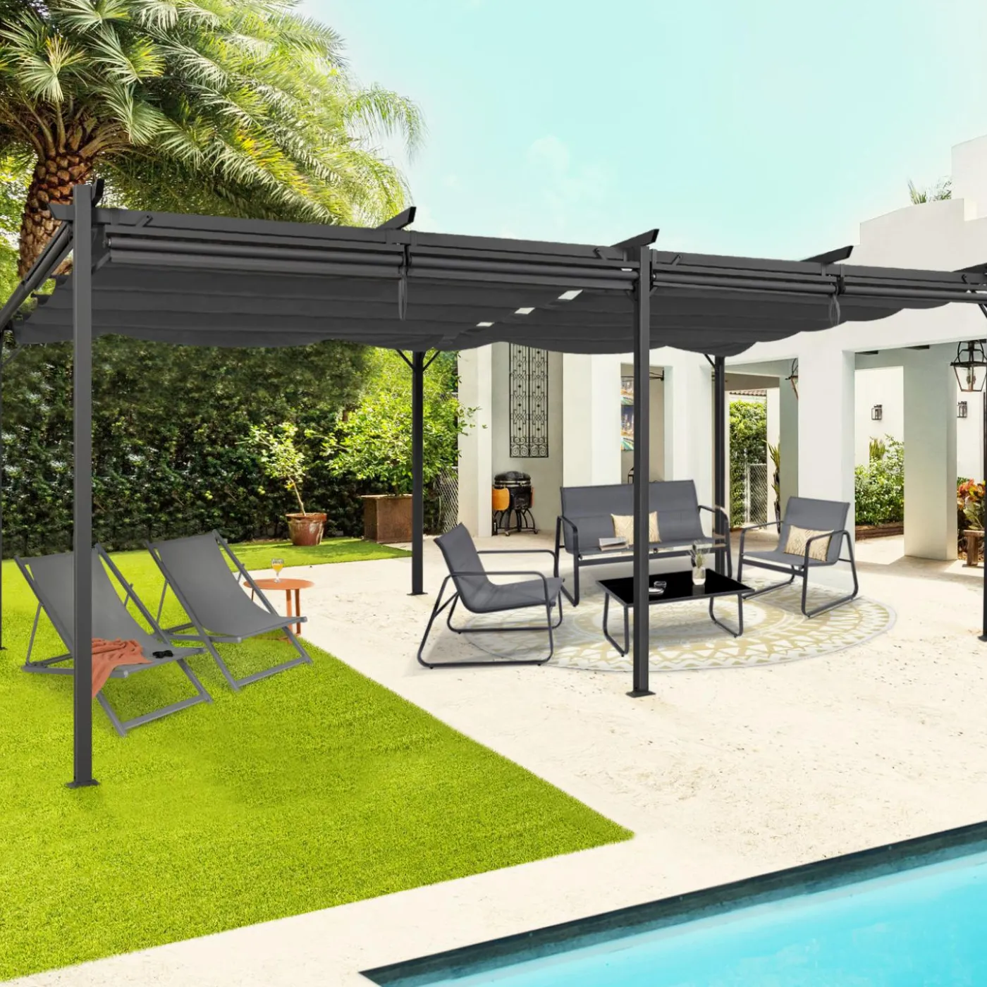 Pergola toit rétractable 3x6m gris anthracite et stores enrouleurs