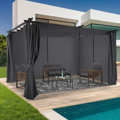 Pergola toit rétractable 3x4m gris avec 4 rideaux
