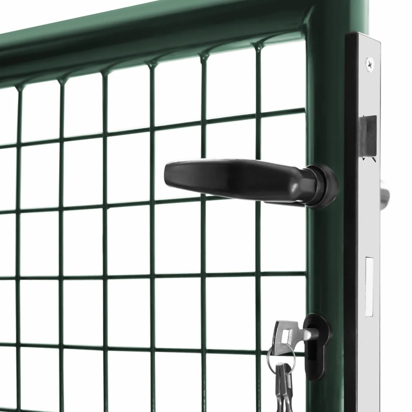 Portail battant grillagé en acier vert 3M15 x 1M50 avec serrure et poignée