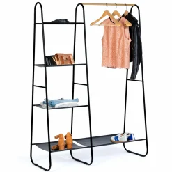 Portant vêtements en métal noir et façon bois
