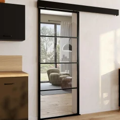 Porte coulissante vitrée en métal et MDF avec rail