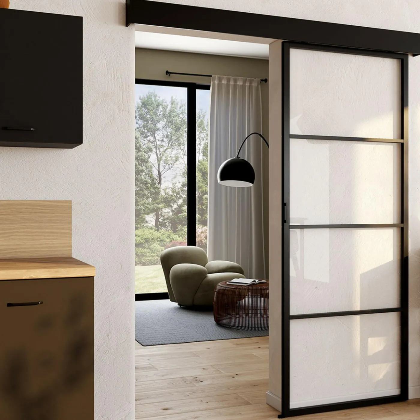 Porte coulissante vitrée en métal et MDF avec rail