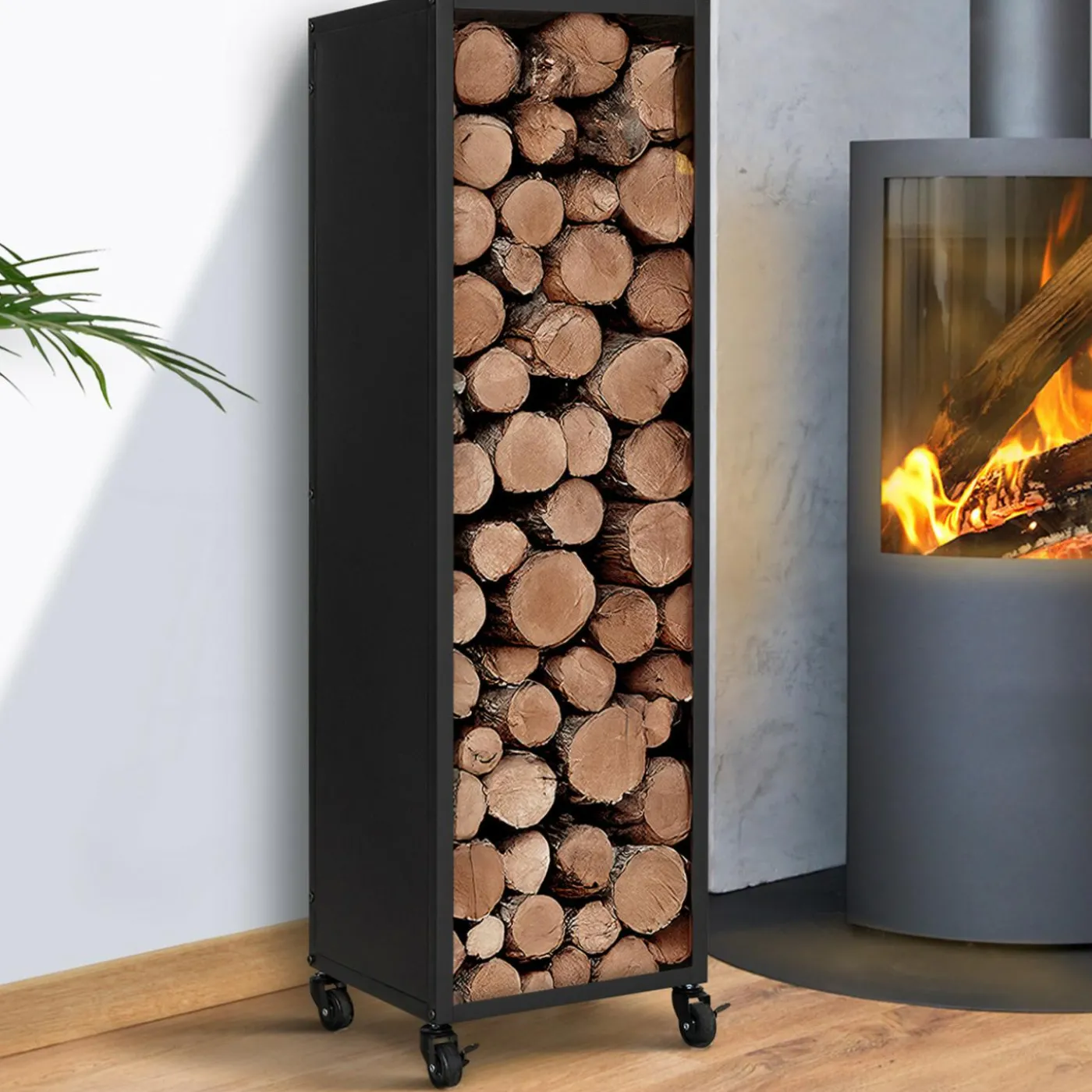Porte-bûche intérieur 112 cm acier noir plein avec roulettes