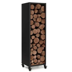 Porte-bûche intérieur 112 cm acier noir plein avec roulettes