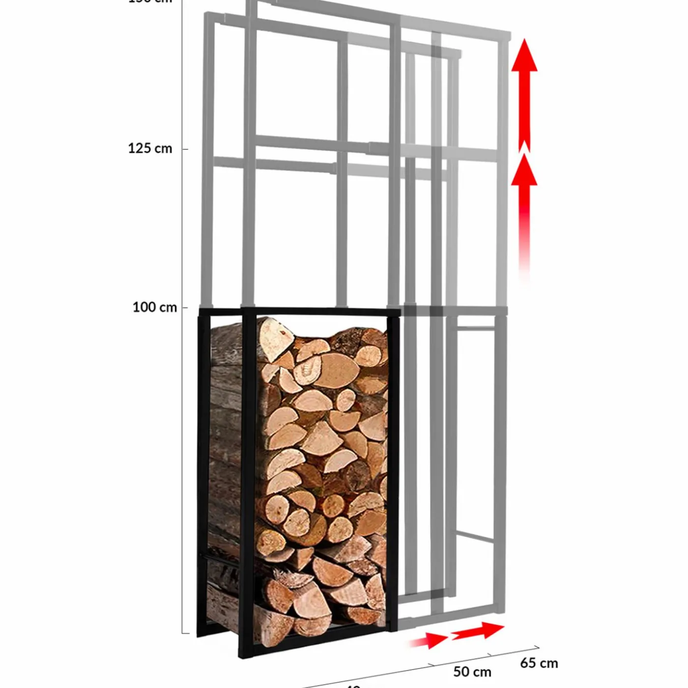 Porte-bûches intérieur modulable 65x25x150 cm en métal noir