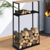 Porte-bûches intérieur vertical 33x66x112 cm en métal noir avec étagère