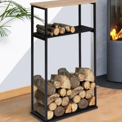 Porte-bûches intérieur vertical 33x66x112 cm en métal noir avec étagère