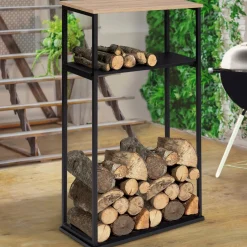 Porte-bûches intérieur vertical 33x66x112 cm en métal noir avec étagère