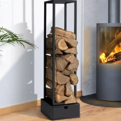 Range bûche intérieur vertical en acier noir avec tiroir