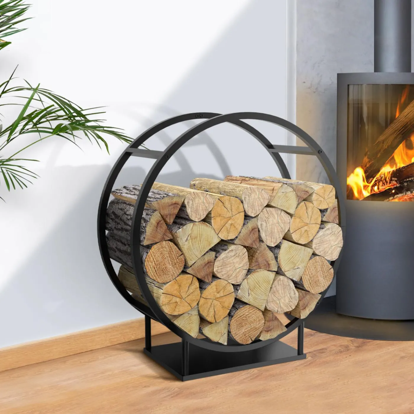 Range bûches rond avec étagère en acier noir