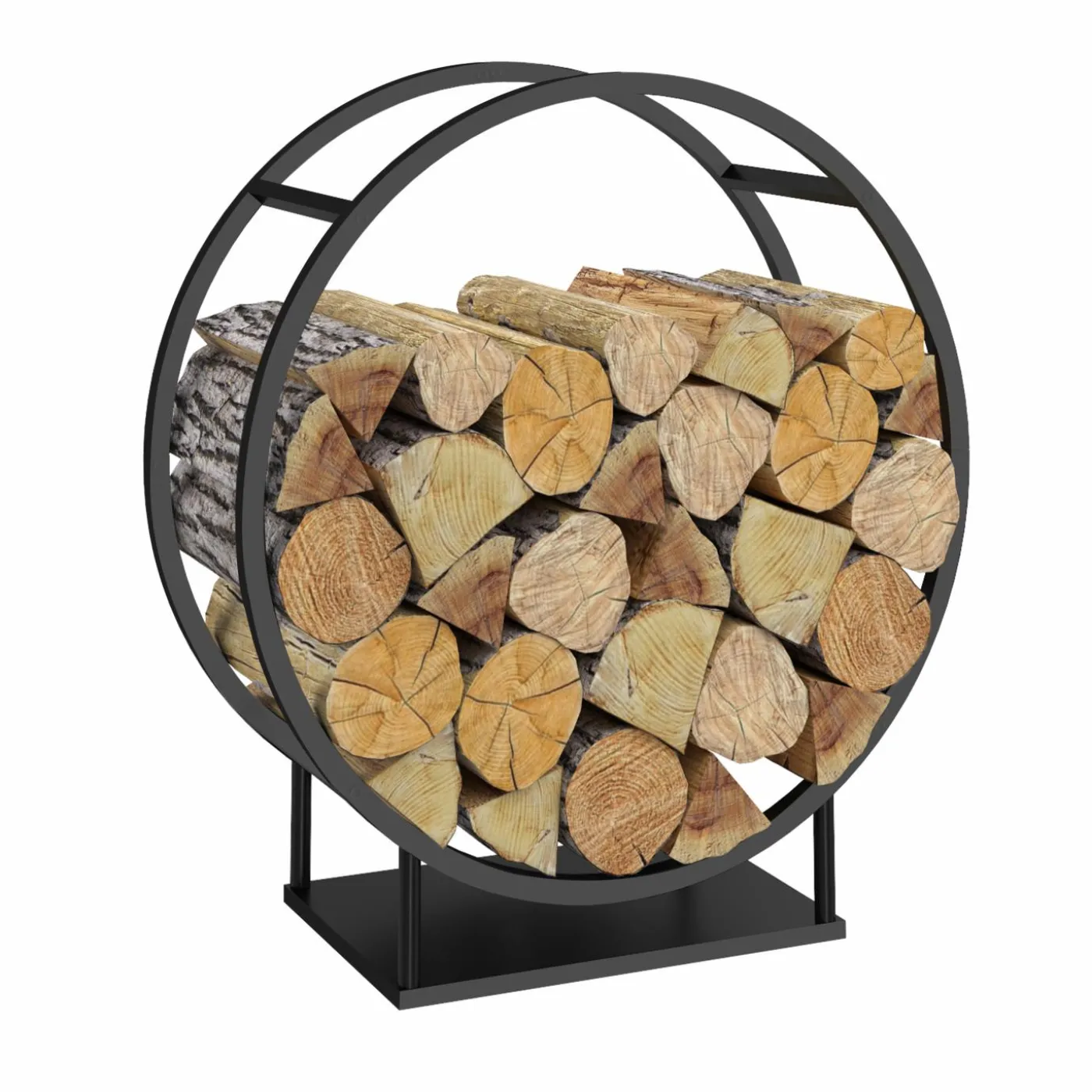 Range bûches rond avec étagère en acier noir