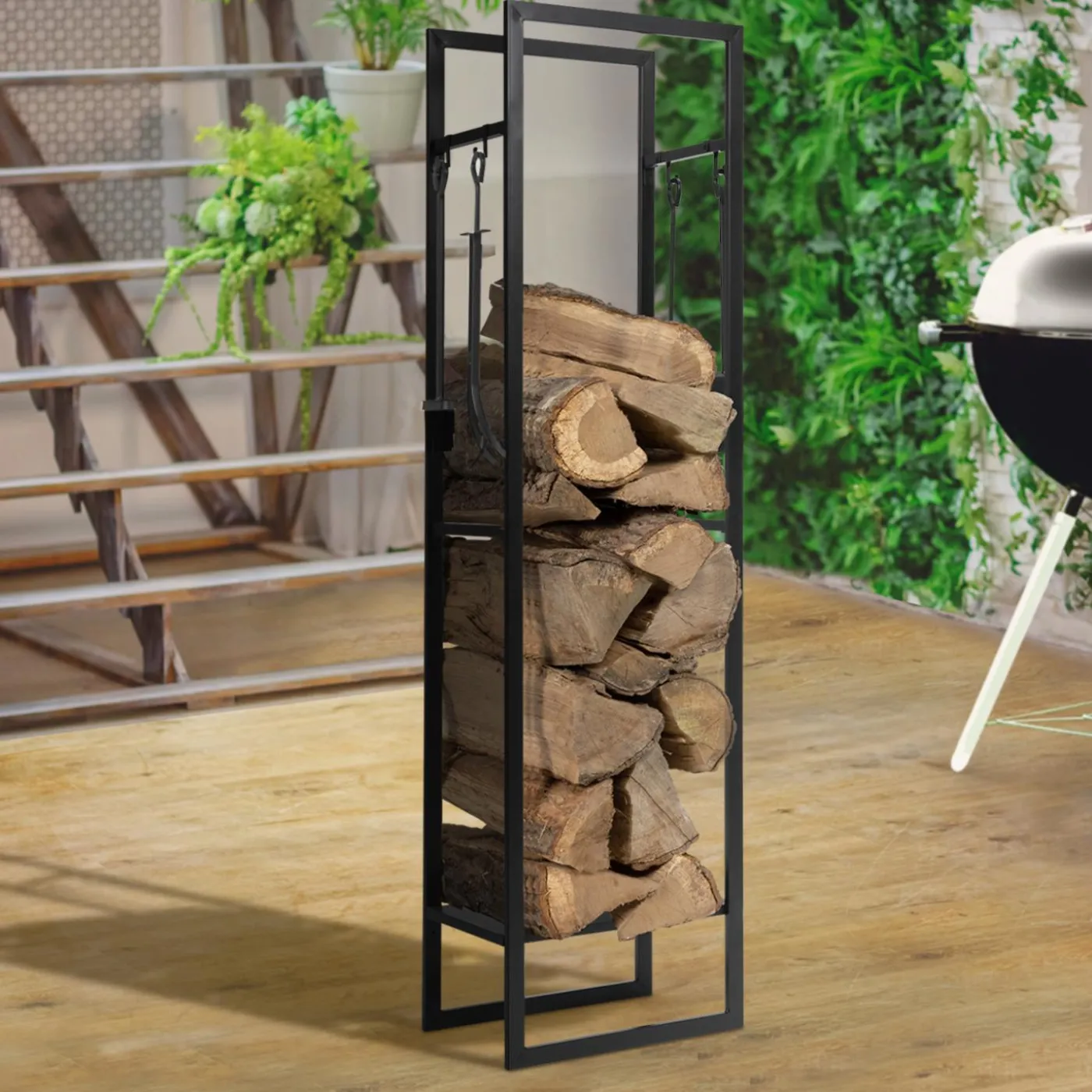 Range bûches vertical en acier noir et accessoires
