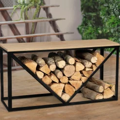 Range-bûches intérieur horizontal en métal noir et étagère bois