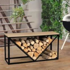 Range-bûches intérieur horizontal en métal noir et étagère bois