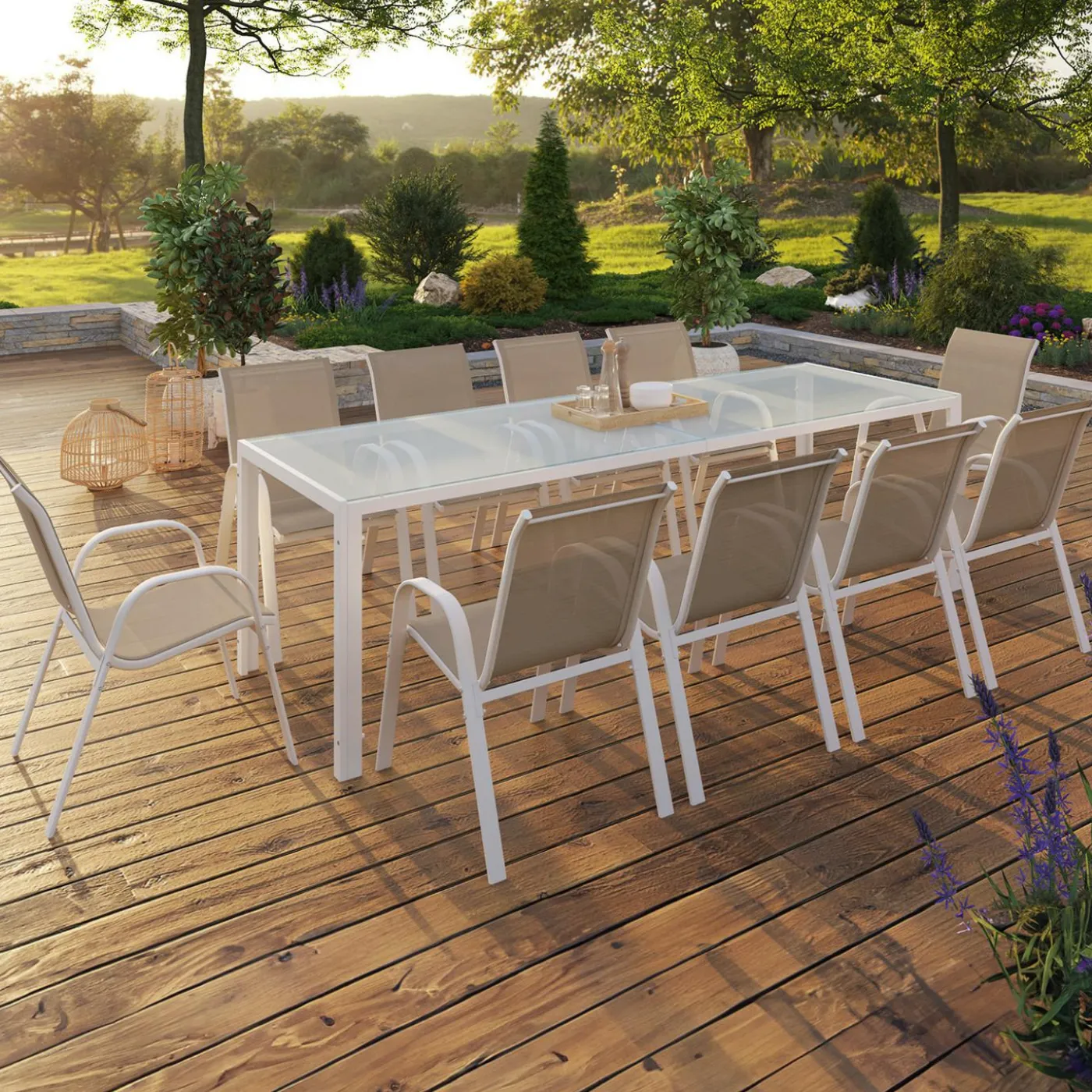 Salon de jardin 10 personnes blanc et beige 240 cm