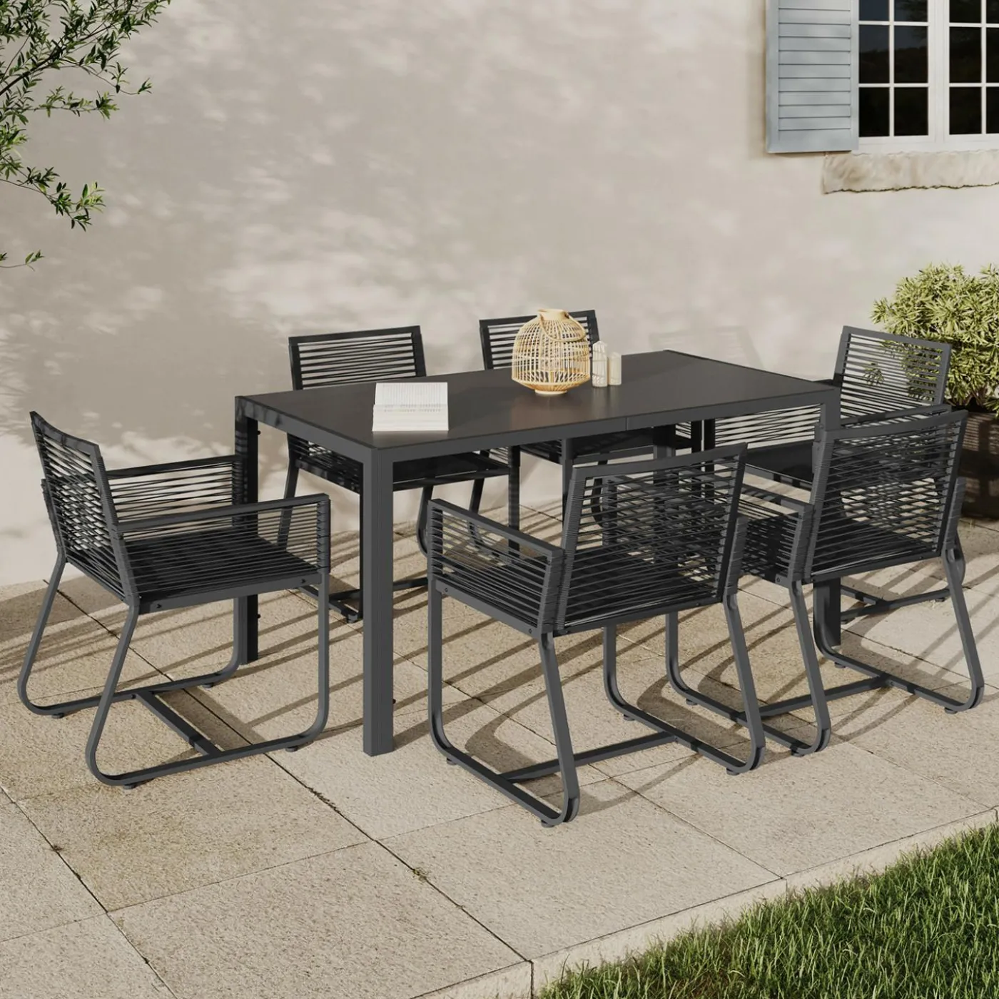 Salon de jardin 6 personnes table 150 cm fauteuils cordage gris anthracite