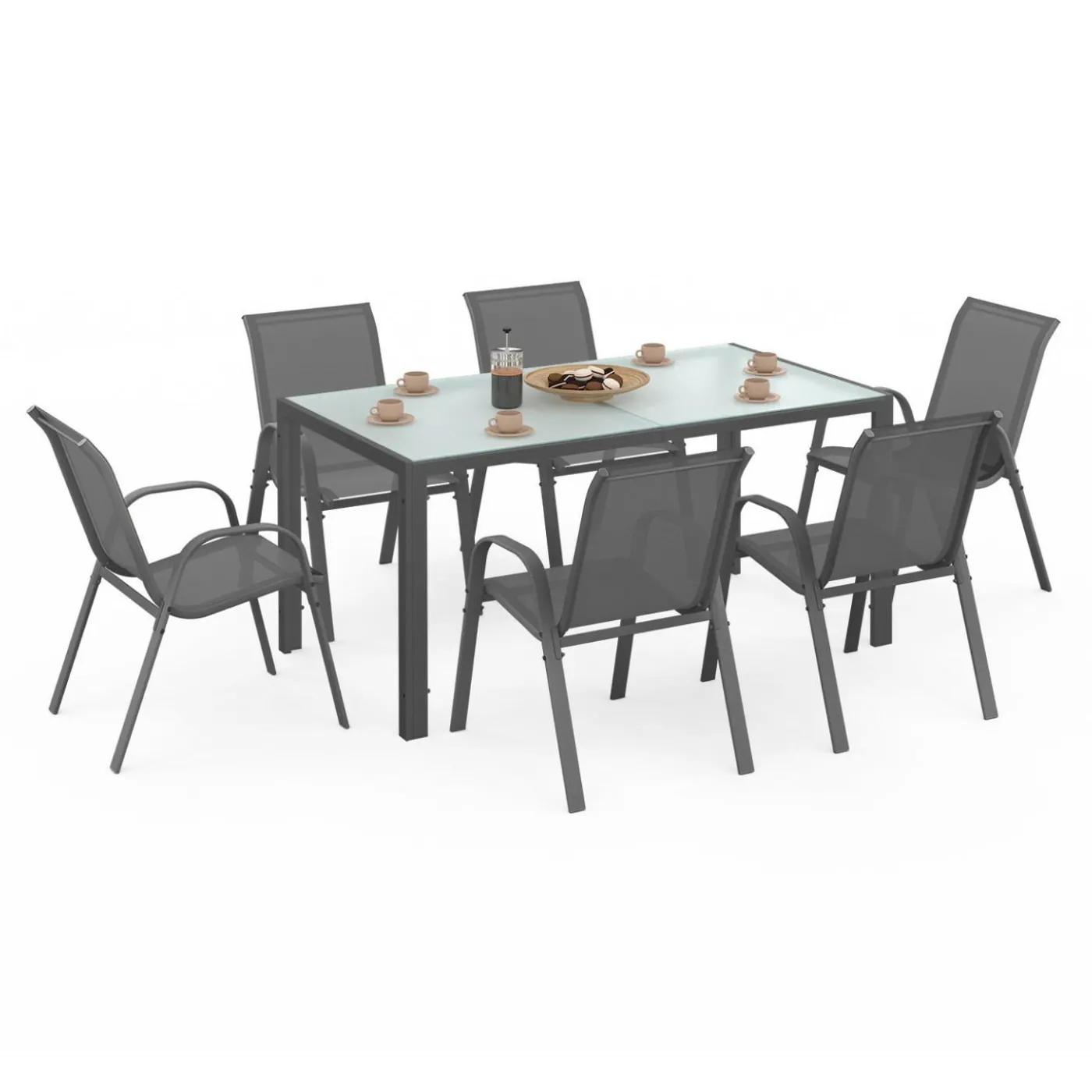 Salon de jardin 6 personnes chaises empilables gris anthracite table 150 cm
