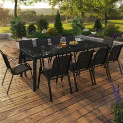 Salon de jardin 10 personnes table 240 cm et chaises empilables noires