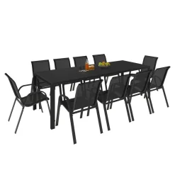 Salon de jardin 10 personnes table 240 cm et chaises empilables noires