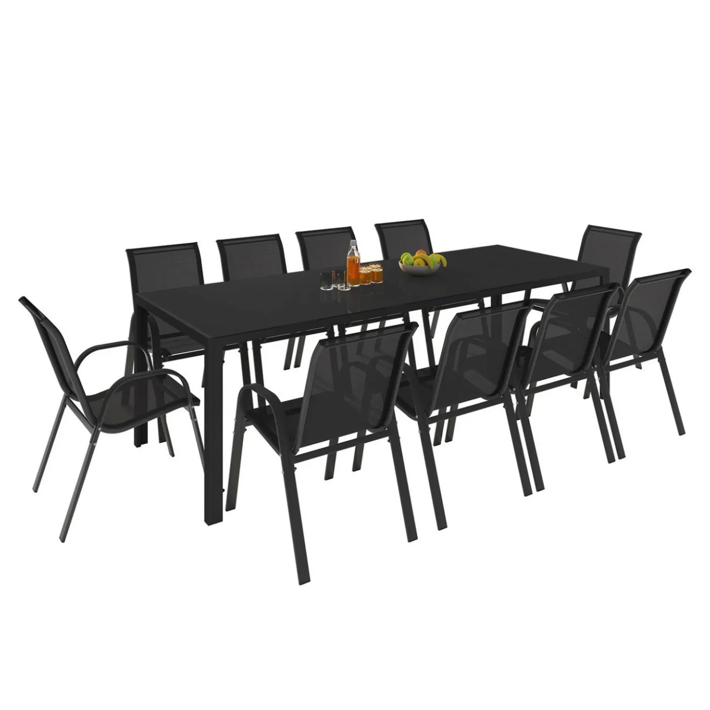 Salon de jardin 10 personnes table 240 cm et chaises empilables noires