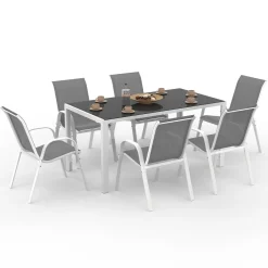 Salon de jardin 6 places avec table en verre trempé et chaises empilables