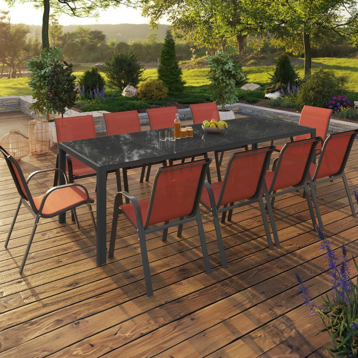 Salon de jardin 10 places chaises empilables terracotta table 240 cm