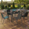 Salon de jardin avec table 150 cm et 6 chaises empilables mix color et acier