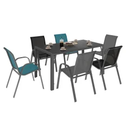Salon de jardin avec table 150 cm et 6 chaises empilables mix color et acier