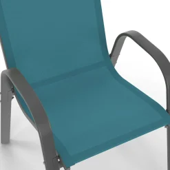 Salon de jardin avec table 150 cm et 6 chaises empilables mix color et acier