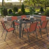 Salon de jardin avec table 150 cm et 6 chaises empilables terracotta et acier