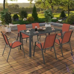 Salon de jardin avec table 150 cm et 6 chaises empilables terracotta et acier