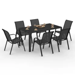 Salon de jardin avec table 150 cm et 6 chaises empilables noir et acier