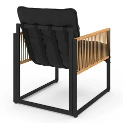 Salon de jardin bas 6 personnes canapés et fauteuils noir et cordage effet rotin clair avec tables basses