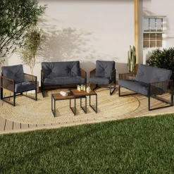 Salon de jardin bas 6 personnes canapés et fauteuils gris anthracite et cordage effet rotin avec tables basses