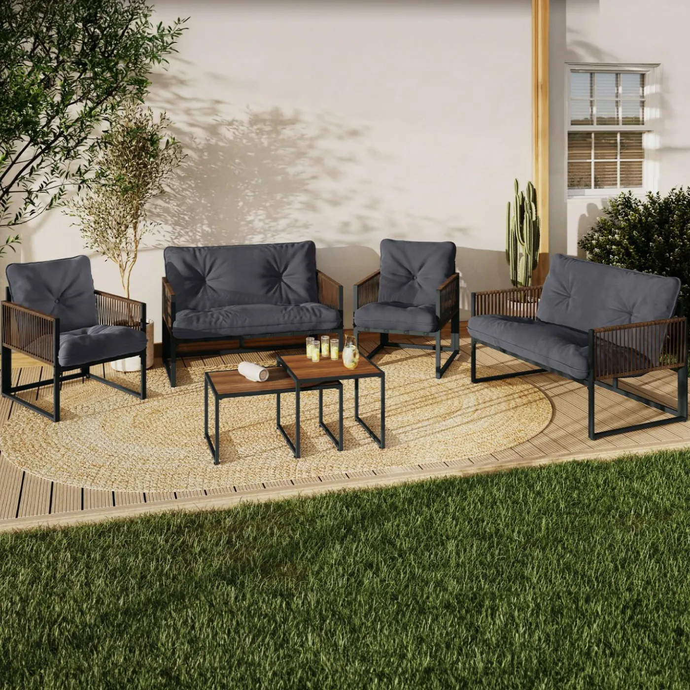 Salon de jardin bas 6 personnes canapés et fauteuils gris anthracite et cordage effet rotin avec tables basses