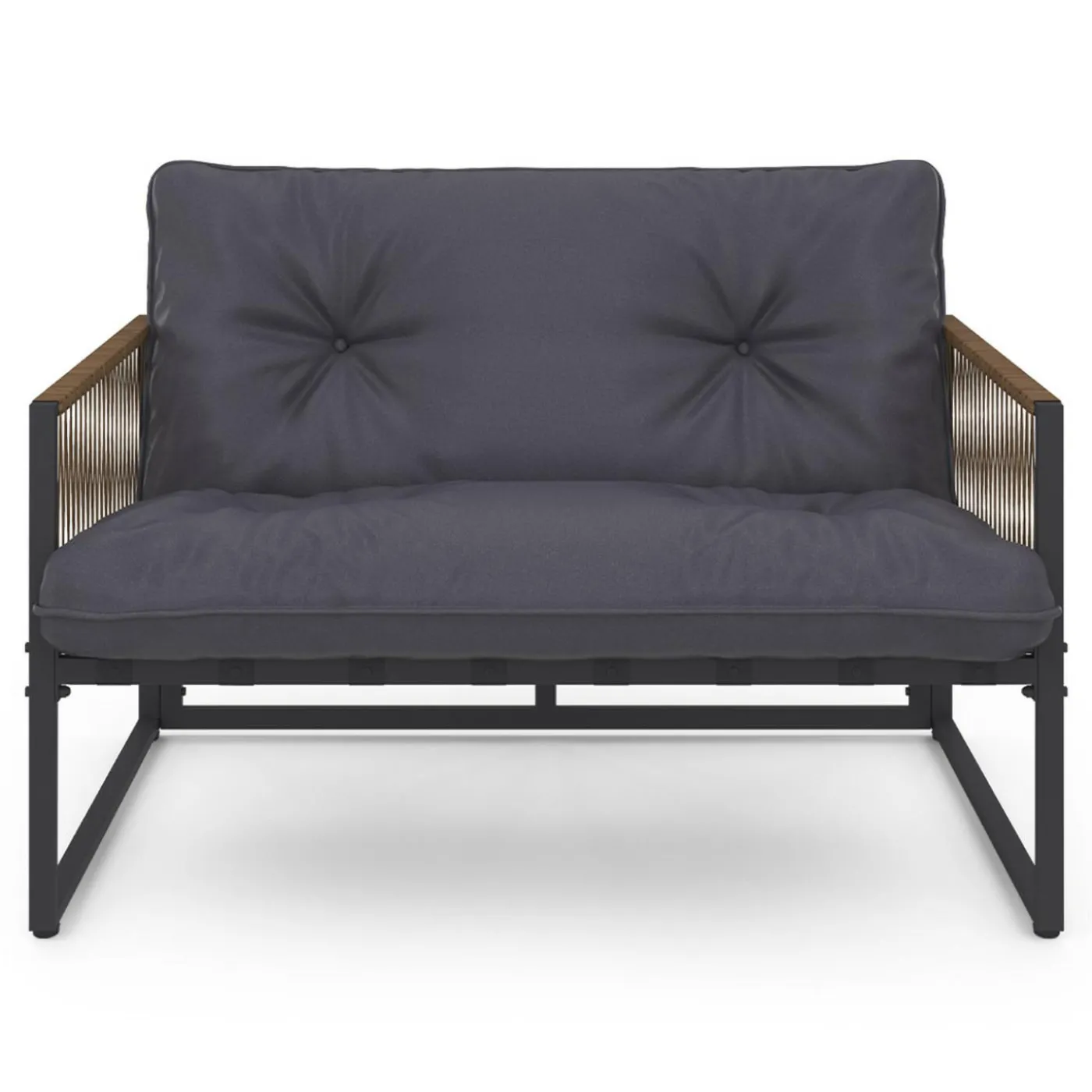 Salon de jardin bas 6 personnes canapés et fauteuils gris anthracite et cordage effet rotin avec tables basses