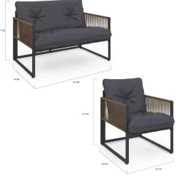 Salon de jardin bas 6 personnes canapés et fauteuils gris anthracite et cordage effet rotin avec tables basses