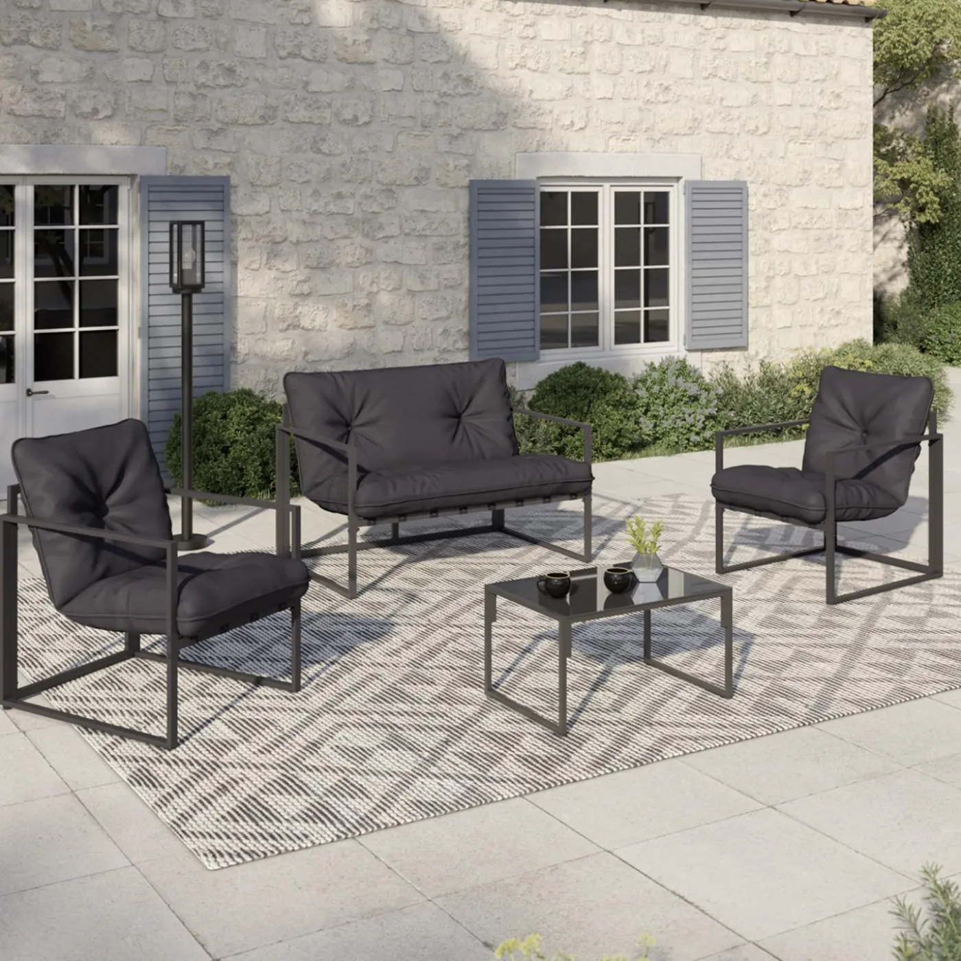 Salon de jardin bas 4 places en acier coloris gris anthracite
