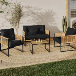 Salon de jardin bas 4 places acier noir, cordage rotin clair et coussins noir
