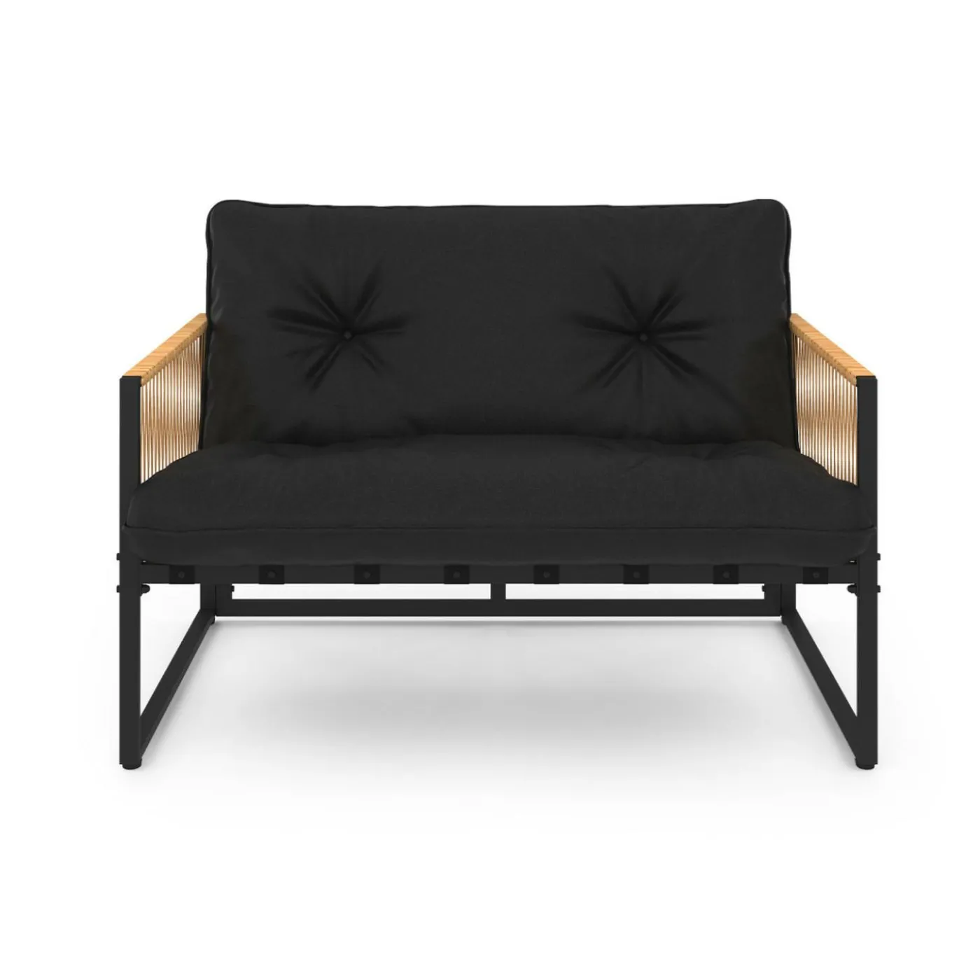 Salon de jardin bas 4 places acier noir, cordage rotin clair et coussins noir