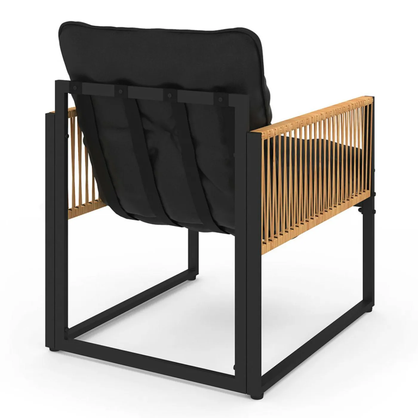 Salon de jardin bas 4 places acier noir, cordage rotin clair et coussins noir