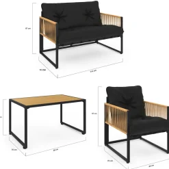 Salon de jardin bas 4 places acier noir, cordage rotin clair et coussins noir