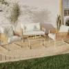 Salon de jardin bas 4 places acier blanc, cordage rotin clair et coussins beige