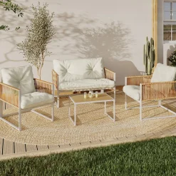 Salon de jardin bas 4 places acier blanc, cordage rotin clair et coussins beige