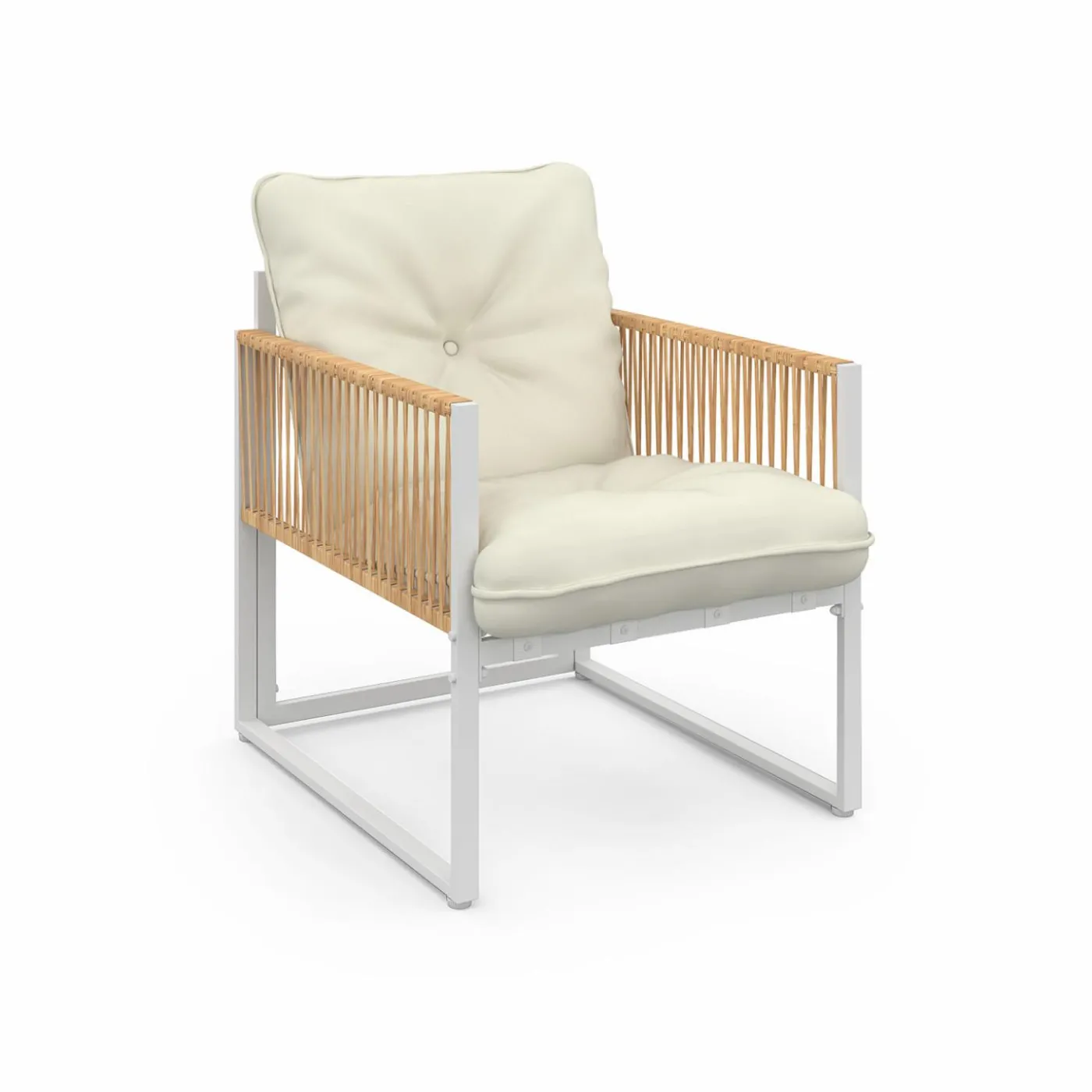 Salon de jardin bas 4 places acier blanc, cordage rotin clair et coussins beige