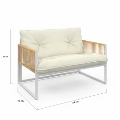Salon de jardin bas 4 places acier blanc, cordage rotin clair et coussins beige
