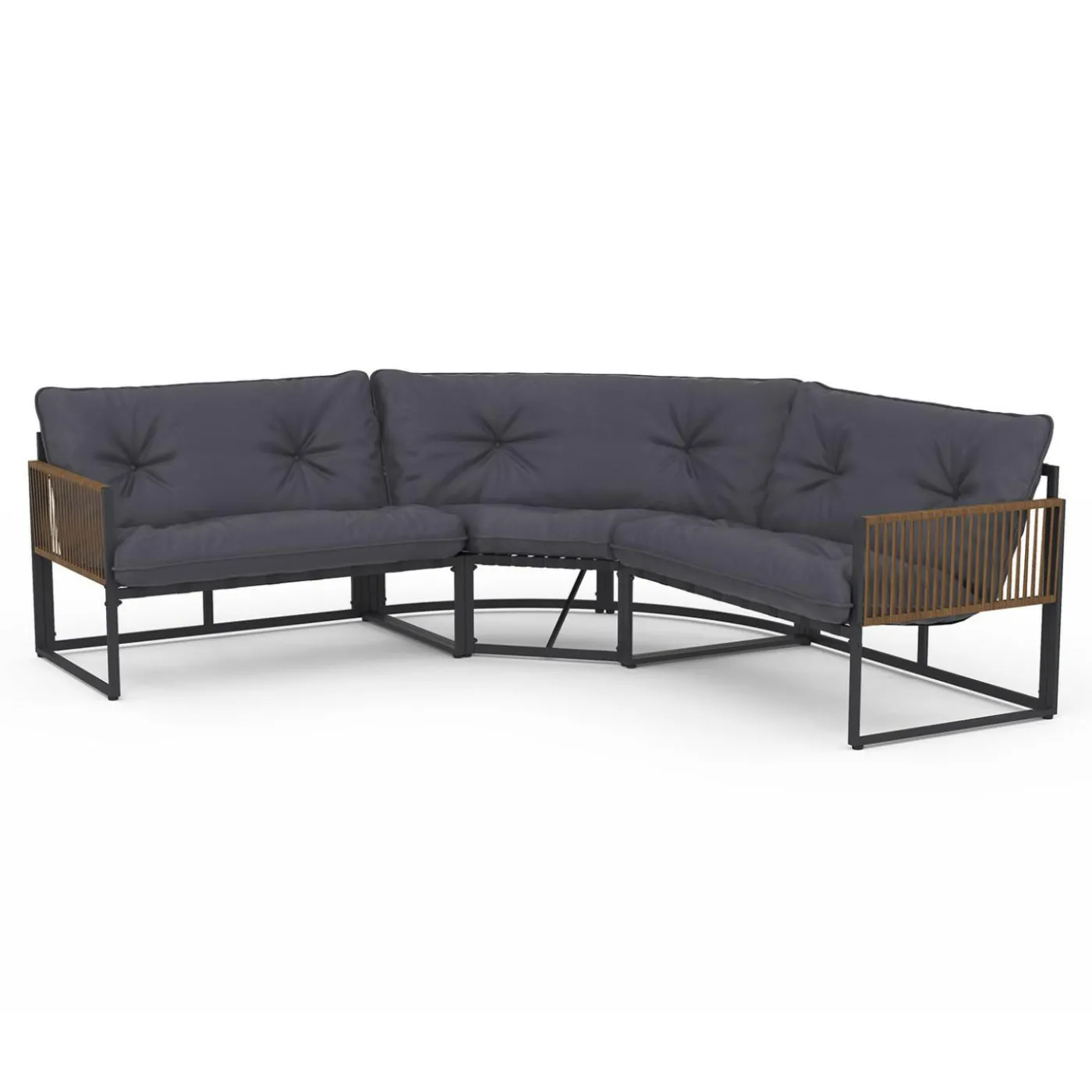Salon de jardin bas 8 places canapé d'angle, fauteuils avec coussin gris et 2 tables basses