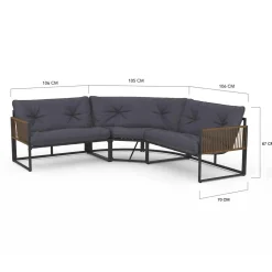 Salon de jardin bas 8 places canapé d'angle, fauteuils avec coussin gris et 2 tables basses